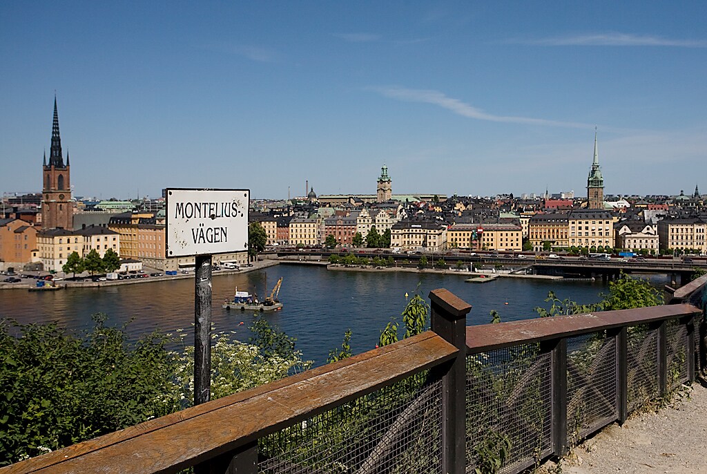 A panoramic view of Stockholm’s cityscape is captured from Monteursvägen. The scene features a waterfront with gently flowing water, historical buildings lined along the shore, and prominent church spires rising above the city. Green foliage frames the viewpoint, enhancing the vibrant colors of the architecture.