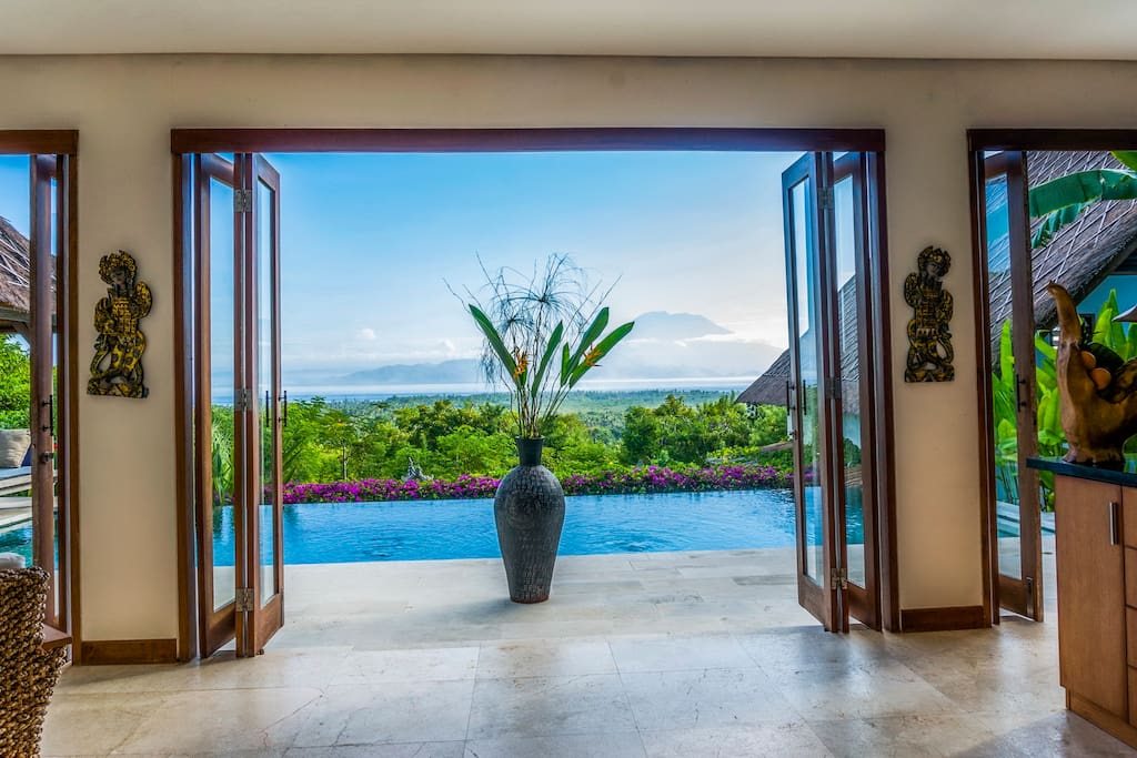 The view from inside the entry at Villa Nusa with Mount Agung in the background