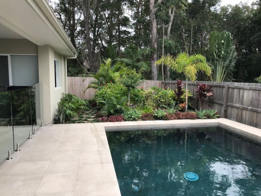 Pool - Alfresco to left with seating, dining table, ceiling fan, lighting & Gas BBQ