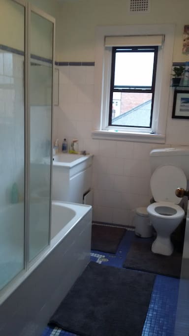 Toilet, shower, bath, good hot water