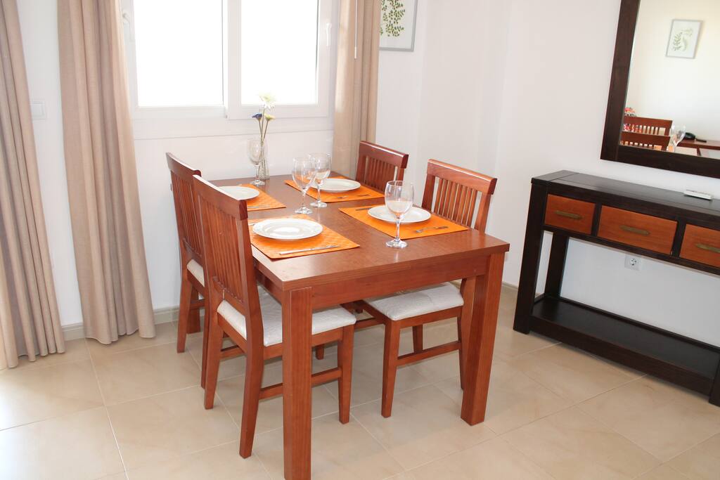 Dining table in the living area.