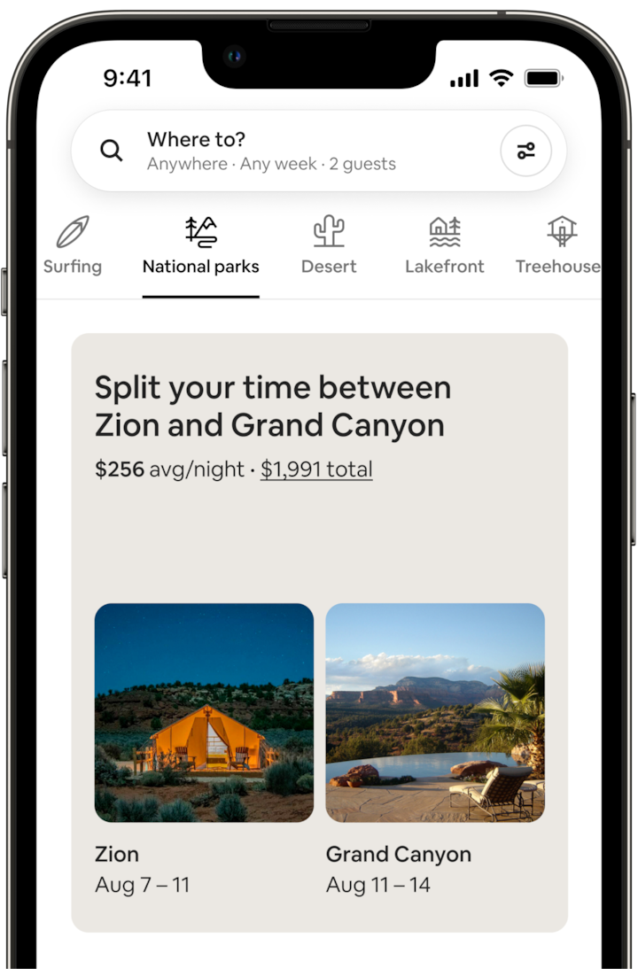 The screen of a mobile phone shows a Split Stay from the National Parks Category. The screen says “Split your time between Zion and Grand Canyon”, along with the price of the proposed trip. Below there are two side-by-side photos. The Zion photo shows a roomy, glowing tent under a dark sky. The Grand Canyon photo shows an outdoor pool with mountain views. Each photo is captioned with dates, which make clear that the guest would spend 4 days in Zion, followed by 3 days at the Grand Canyon.