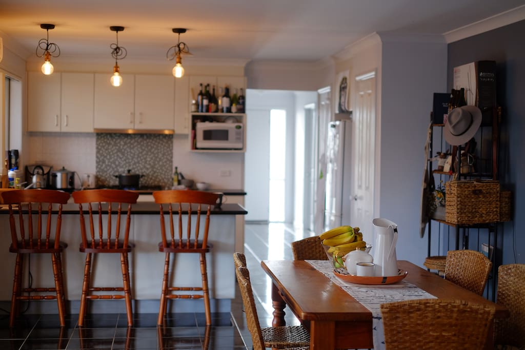 looking at the kitchen from the second living area