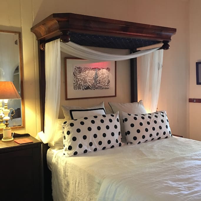 Sleep in a luxurious queen size French antique bed in the master bedroom