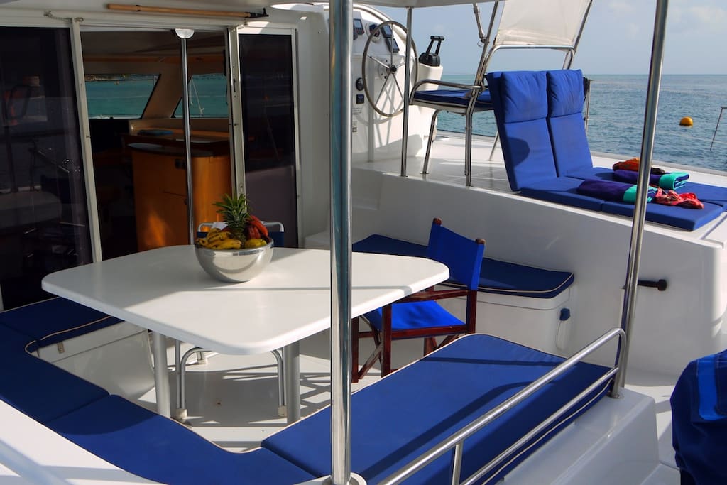 Le cockpit, bains de soleil et poste de barre