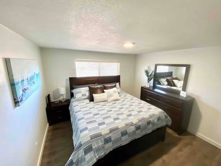 King bed with a dresser and a closet. Now updated with a great remote ceiling fan and light. 