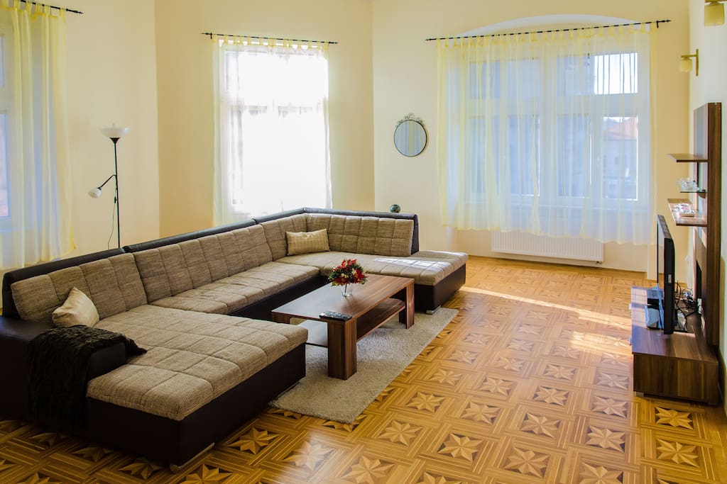 Living room with a tiny balcony and view on St.Elisabeth Cathedral