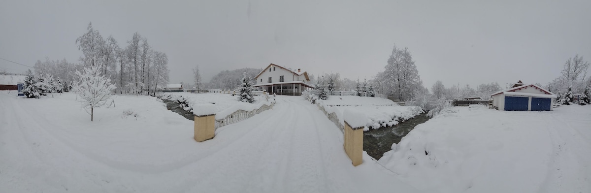 A wide view captures a snow-covered landscape, showcasing a two-story house with a sloped roof. The surrounding area includes trees laden with snow and a partially frozen stream. A pathway leads toward the home, bordered by snow-dusted fences, under an overcast sky.