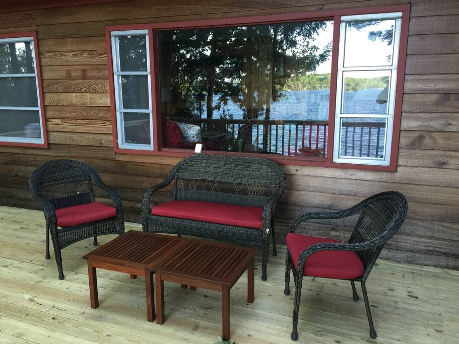 Sitting area on deck overlooking Long Lake.