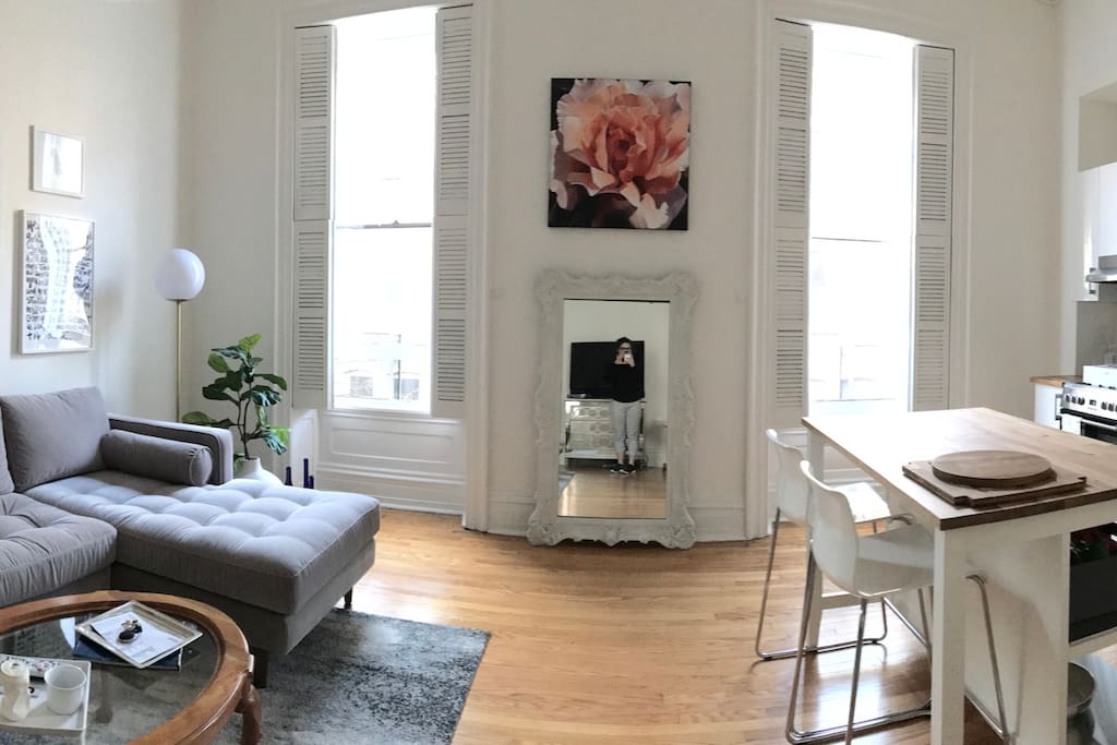 Main Living Space, Second floor front-of-house views. 12 foot ceilings and gorgeous natural light
