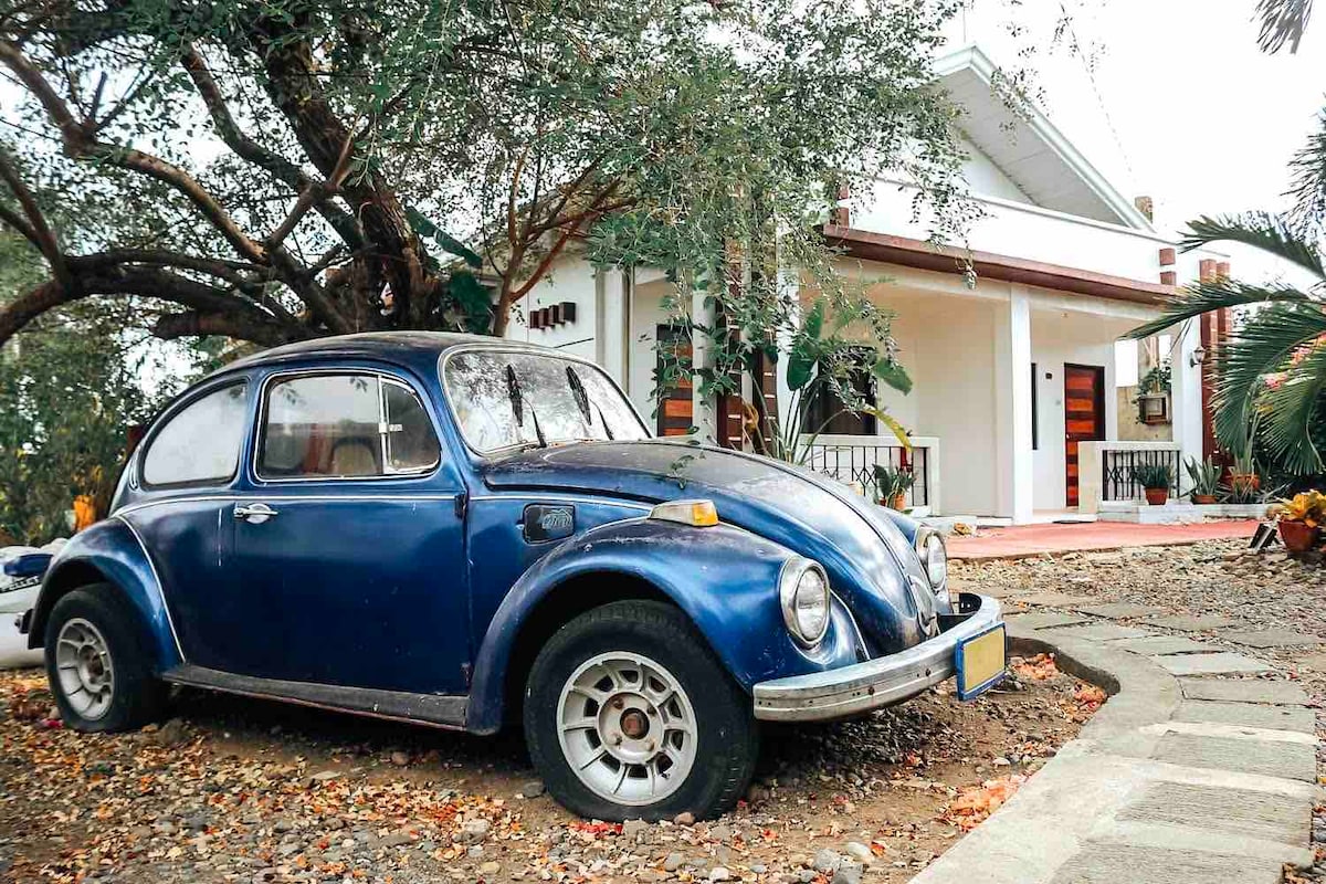 A classic blue car is parked beside a tree, surrounded by fallen leaves. The front of a bungalow-style hotel is visible in the background, featuring a welcoming porch with railings. Tropical plants adorn the area, enhancing the natural setting.