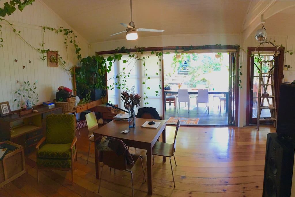 Looking out from lounge to indoor/outdoor dining area
