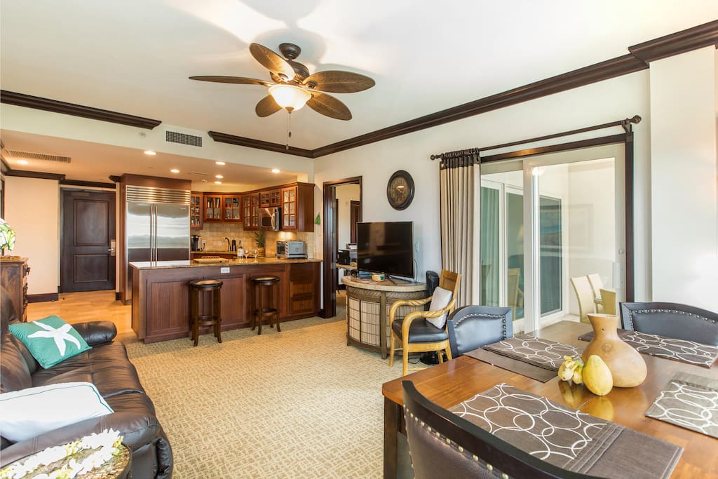 Living room with a double recliner couch (no sofa sleeper!) And 48" flat screen TV!