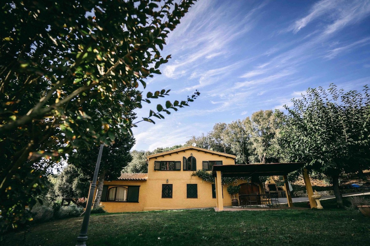 A two-story yellow house is set within a verdant landscape, surrounded by trees and greenery. The structure features large windows and a covered patio area, creating a connection with the outdoor environment. The sky is bright, adding to the serene atmosphere.