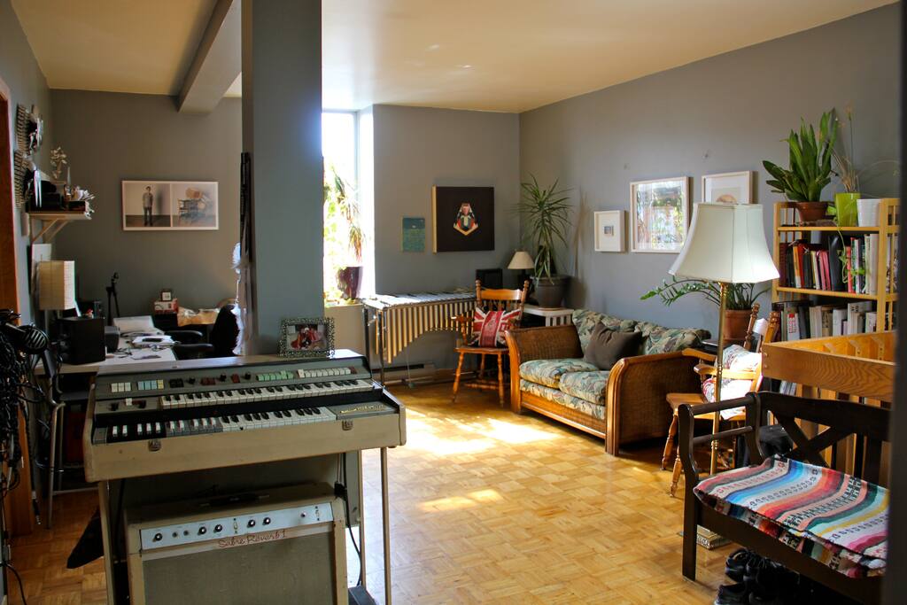 The living room is full of entertainment: instruments, books and board games