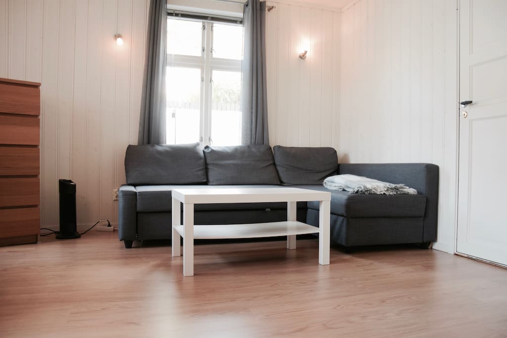 Livingroom. The sofa extends to a double bed or double size sofa for a comfortable movie night.