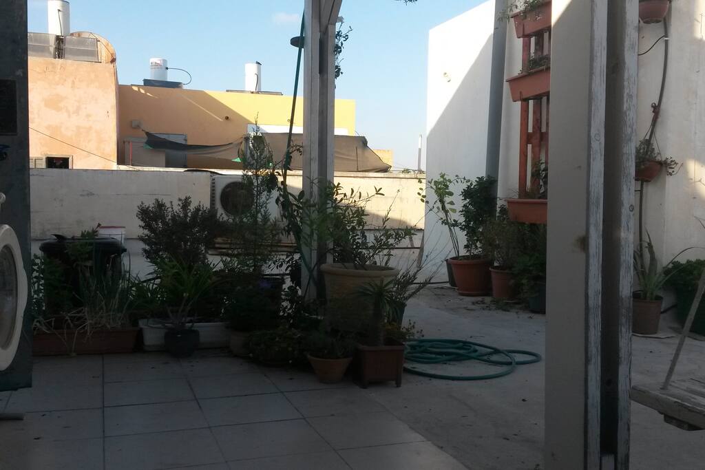 Large rooftop garden with a laundry machine and sitting area.