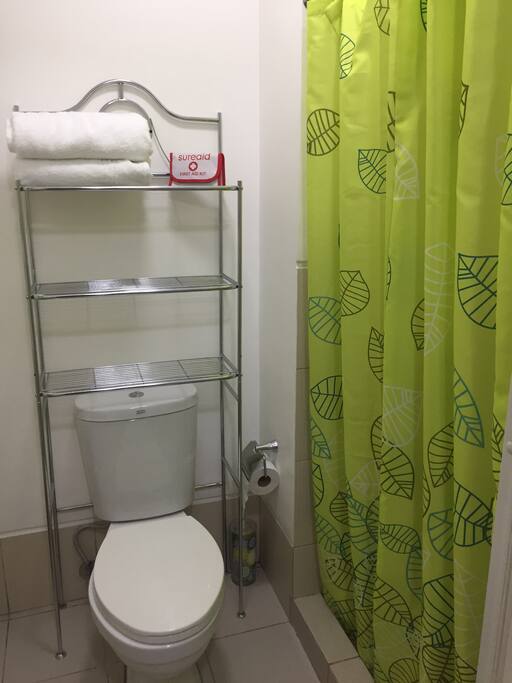 Towels and first aid kit are provided at the unit, as well as shampoo, body wash, and toothpaste.