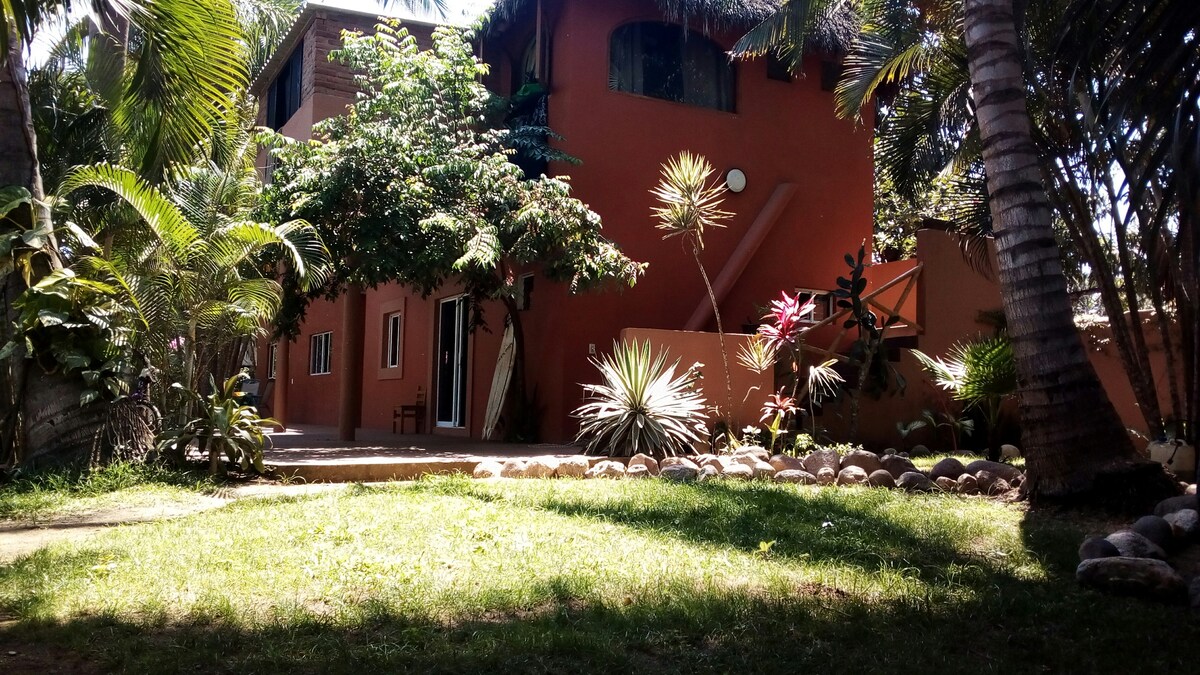 The image features a tranquil garden area with lush greenery and various tropical plants surrounding a rustic building. A stone pathway leads to the entrance, while a cozy seating area is positioned under the shade of palm trees, offering a serene outdoor space.