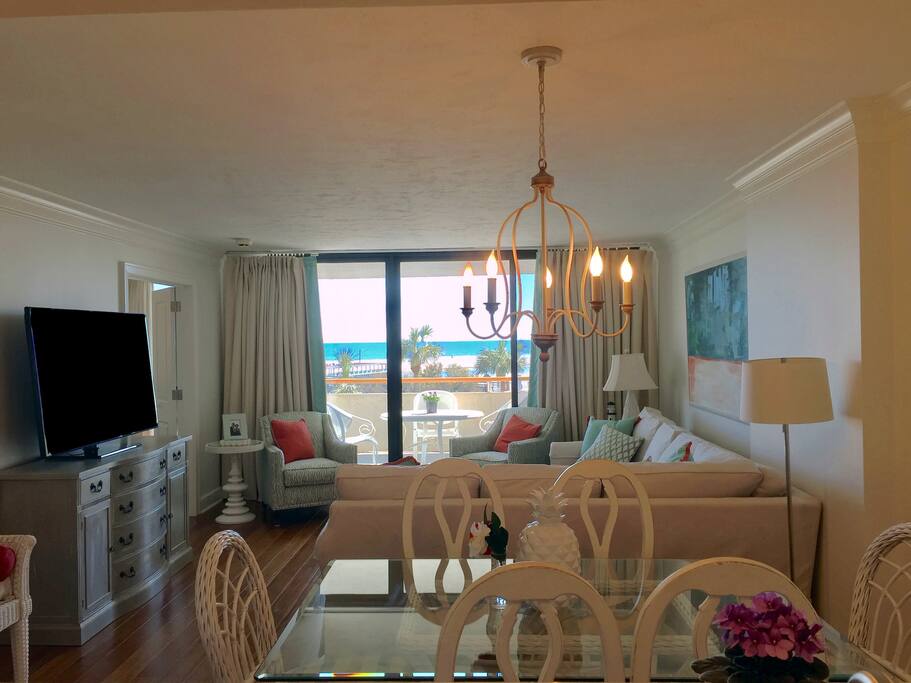 View from the kitchen, dining, living, balcony and ocean.