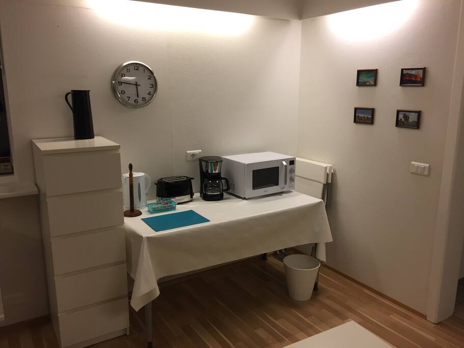 Coffee, tea, toaster and microwave