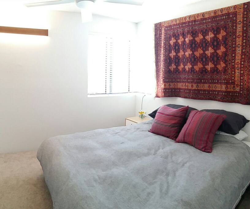 Room with king size bed and ceiling fan. Natural light with window overlooking pool