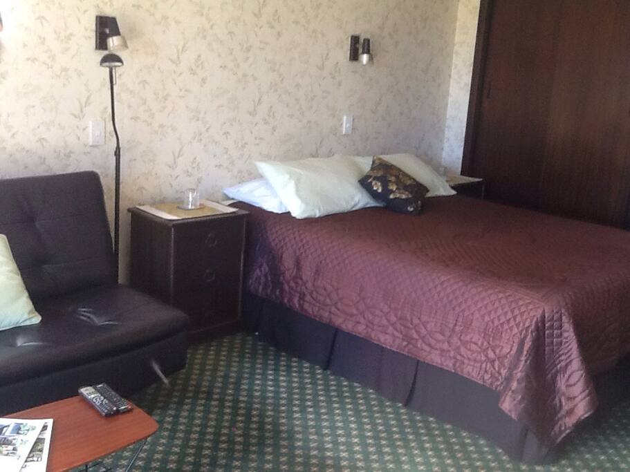 Queen bed and sofa bed.