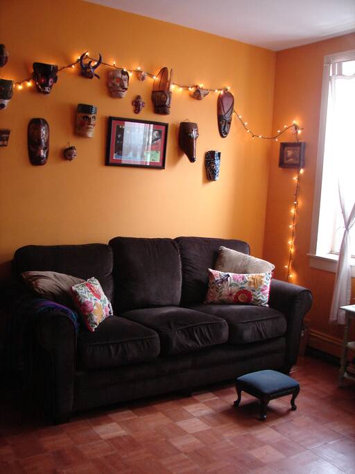 Living room displaying our mask collection.