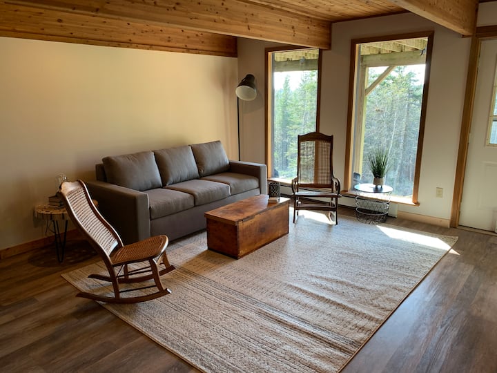Sala de estar de nivel inferior con vistas al mar.  

El sofá se convierte en una cama tamaño queen para alojamientos adicionales para dormir.