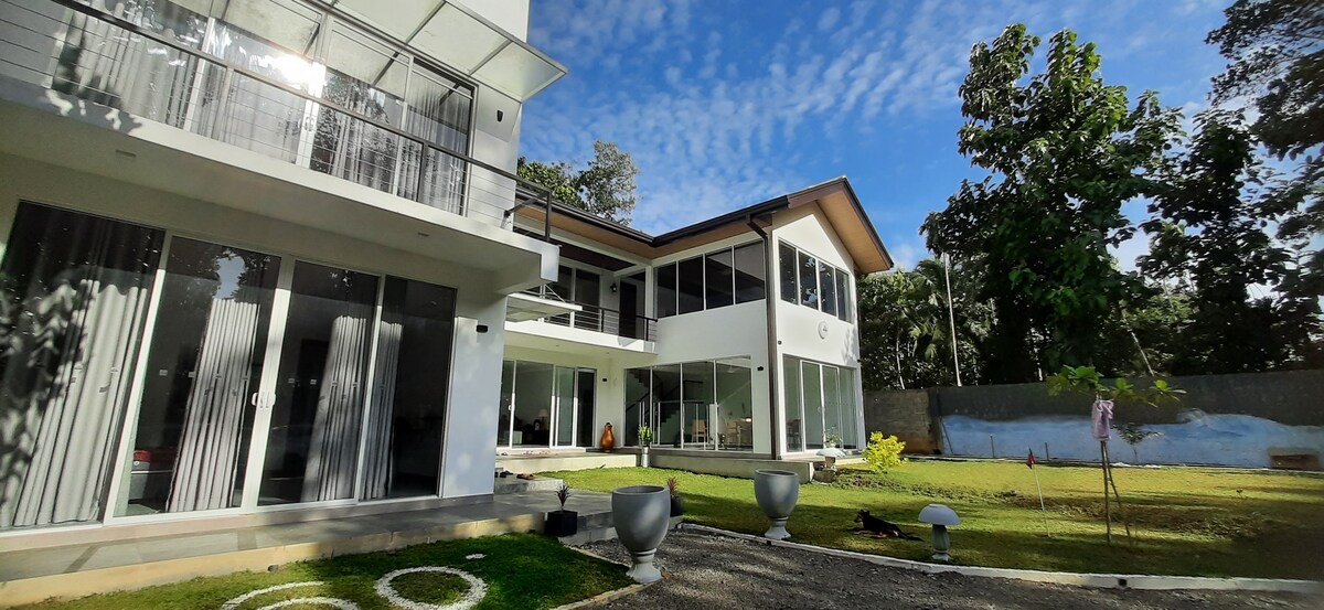 The newly built villa is surrounded by a lush green garden, featuring various plants and a manicured lawn. The exterior showcases large glass windows and balconies, allowing natural light to flood the interior. A gravel path leads to the entrance.