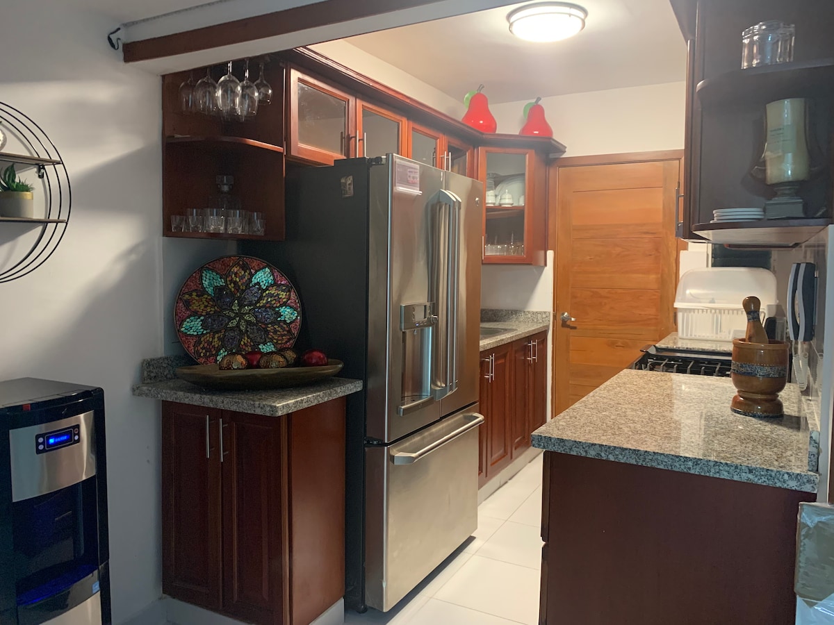 The kitchen features dark wooden cabinetry and granite countertops. A stainless steel refrigerator is visible alongside a colorful mosaic serving platter. Glass-front cabinets showcase a set of glasses, while a dark-framed door provides access to the adjacent space.