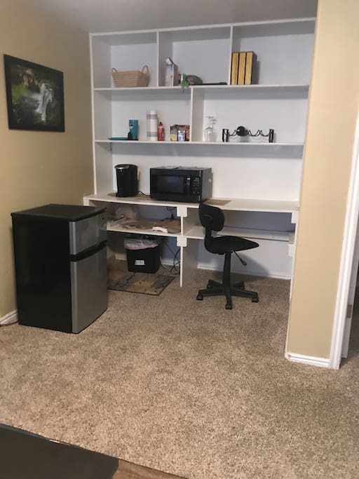 Fridge, microwave, and coffee maker