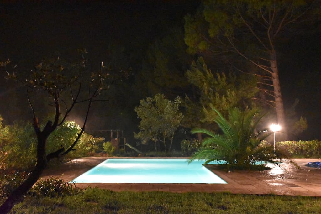 Vue de la chambre 2 - La nuit
Piscine sécurisée aux normes Afnor, à débordement sous margelle, traitée au sel pour votre plus grand confort, spacieuse en L (11X5) + (4X3) = 67 m², près de la villa et entourée de lauriers roses.
