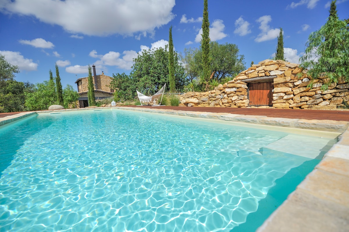 The outdoor area features a refreshing swimming pool surrounded by natural stone tiles. A hammock is seen in the background, offering a relaxing spot under the clear sky dotted with fluffy clouds. Lush greenery and tall trees frame the scene.