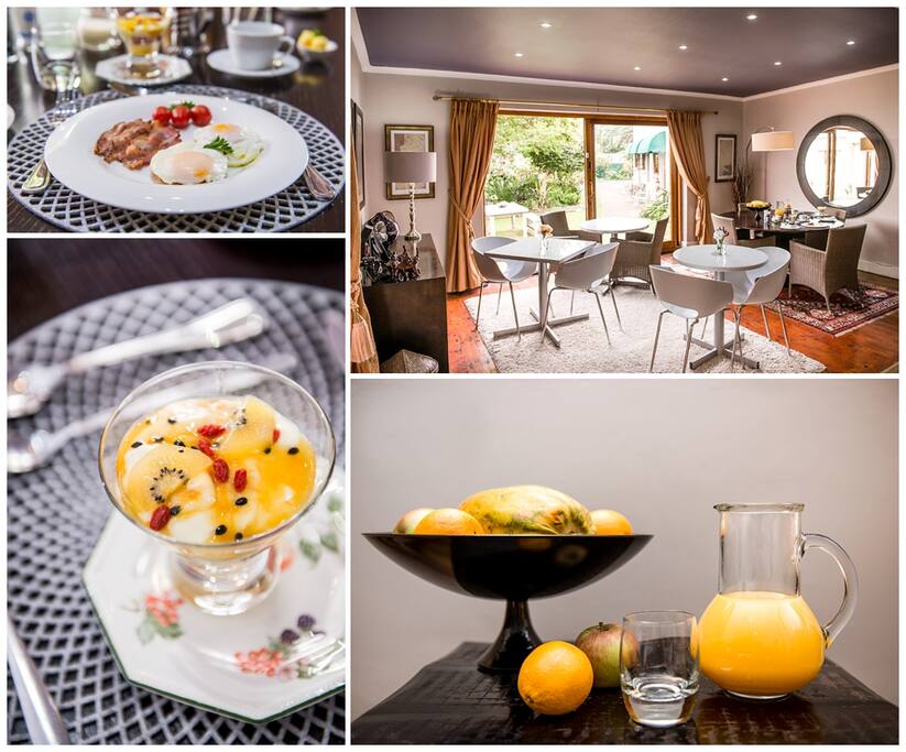 freshly prepared in season fruit and yoghurt, and hot English breakfast!