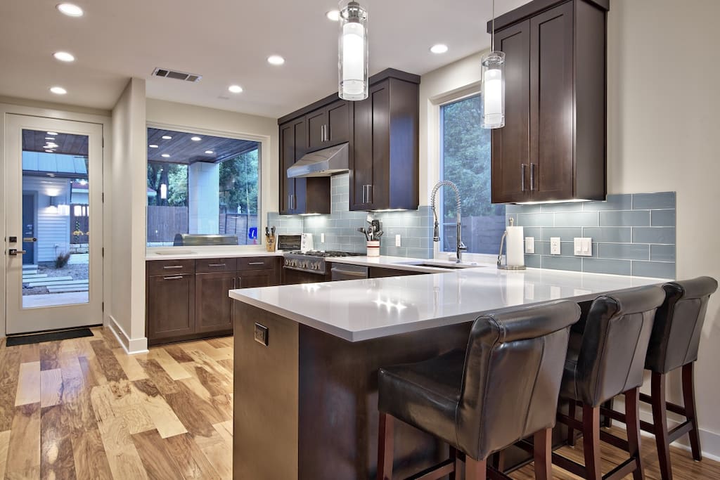 Breakfast bar looks out to the back seating area
