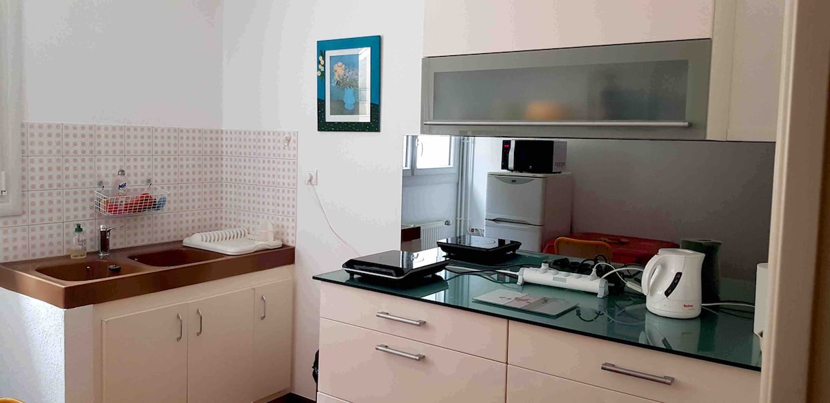The kitchen area includes a countertop with a sink and a wall featuring pastel tiles. A refrigerator stands beside the cabinetry, while a glass cooktop is positioned on the surface. An electric kettle and utensils are visible, alongside a framed artwork on the wall.