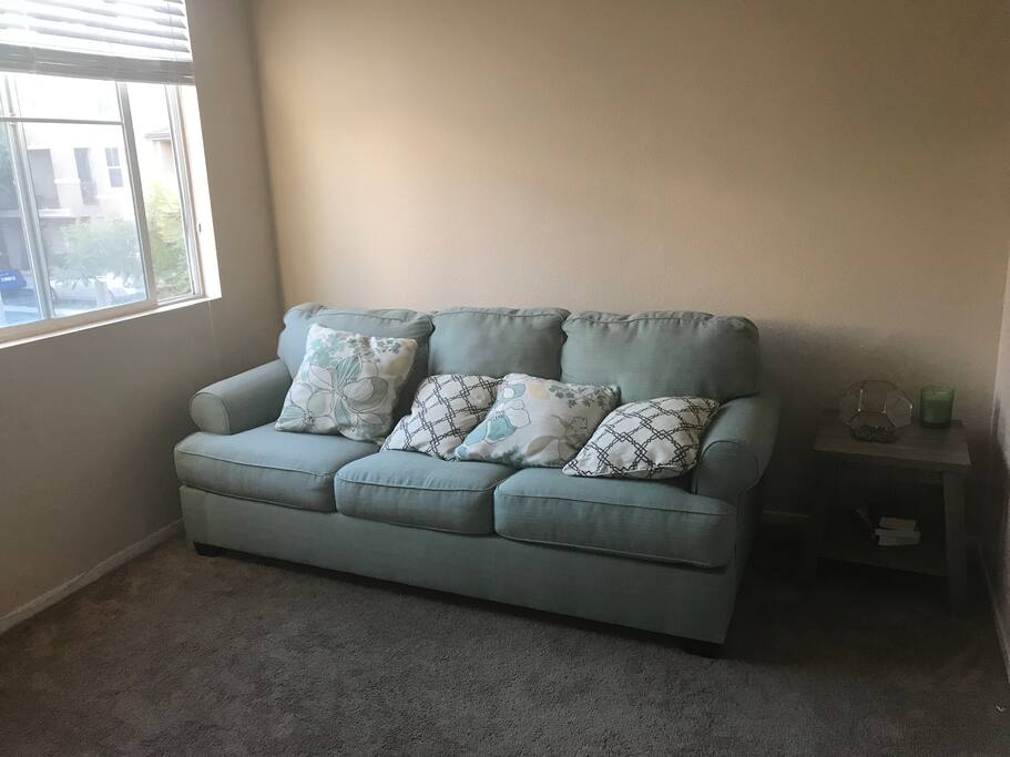Couch bed includes mattress, extra mattress pad, and optional air mattress. Closet is also available for use.