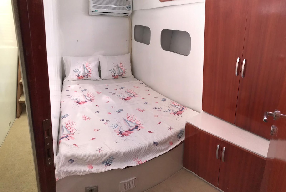 A cozy sleeping area features a rounded bed covered with a floral-patterned blanket. Light streams through two circular windows, illuminating the wooden cabinetry and soft beige walls.