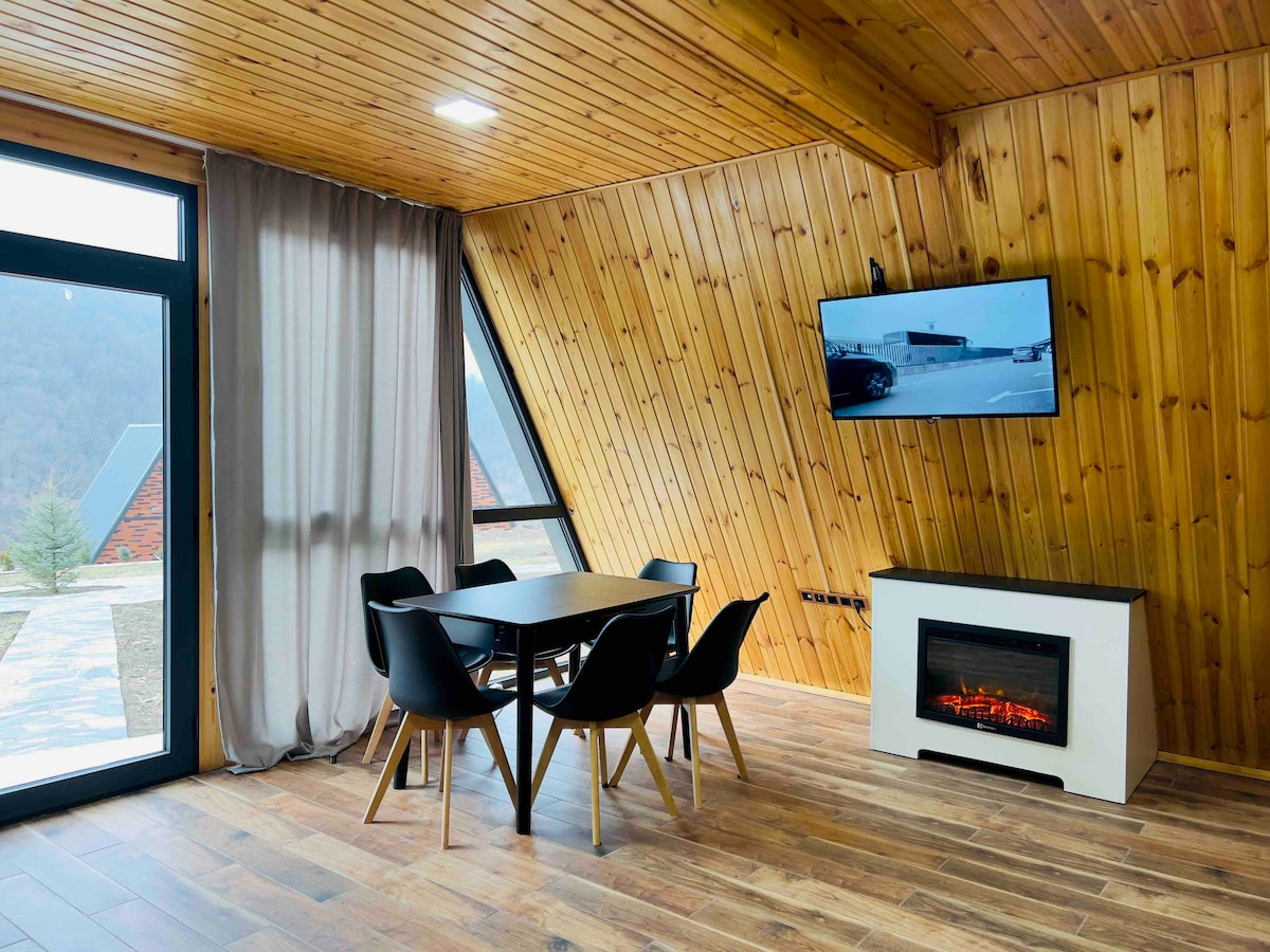 A modern dining area features a black table surrounded by six chairs. A sleek television is mounted on the wooden wall, above an electric fireplace. Large windows allow natural light to fill the space, while soft curtains provide a gentle contrast to the rustic wood.
