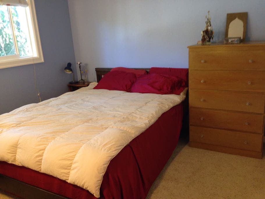 Queen bed in blue room