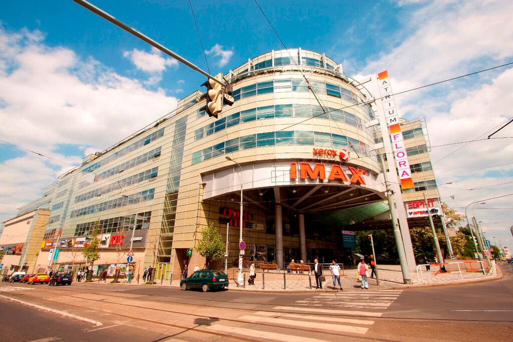 Shopping mall "Atrium Flora" from the outside...shops, cafés, restaurants and fast foods, cinema (and metro/tram stop just next to the mall - you'll get here in few minutes on foot