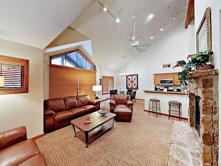 Vaulted ceilings and large windows create a sense of space and light.