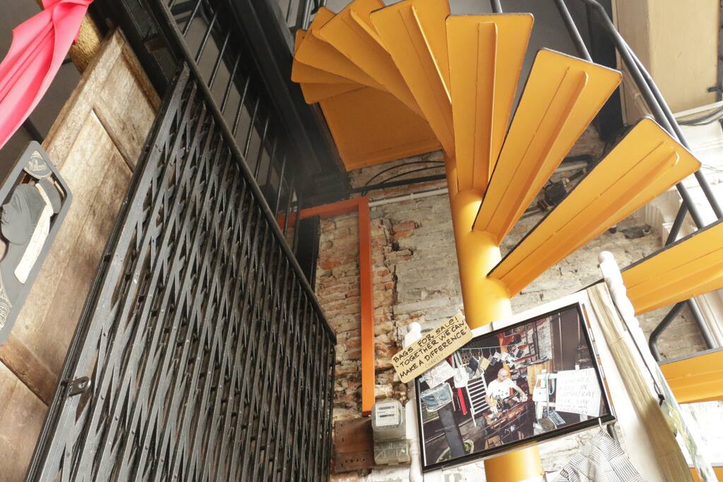 Narrow, Spiral Staircase (you are required to use this staircase when the cafe is closed)