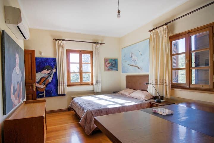 Соба на. Брачен кревет (широк 125 - 149 см). Приватна бања и плакар. Простор на биро. 