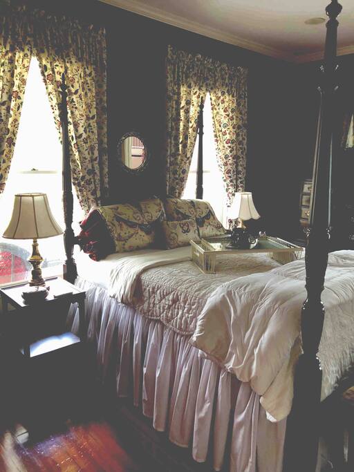 Our cozy Webster Room has a very comfortable queen bed with a writing desk, tv and of course gas fireplace
