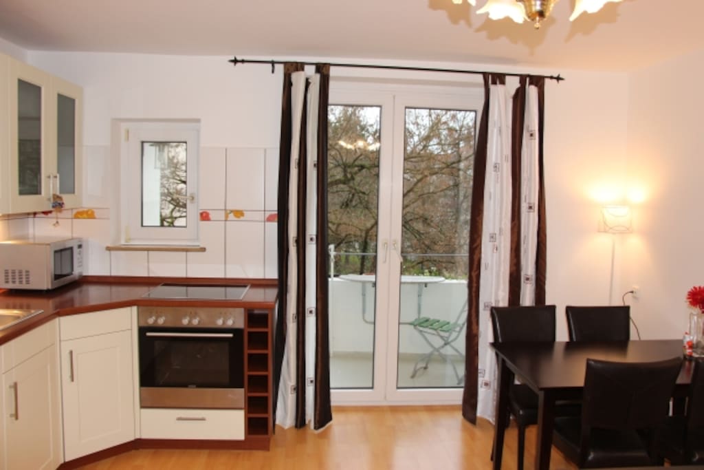 Blick aus dem Wohnzimmer auf den Balkon