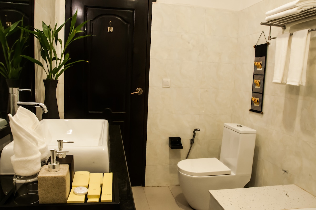 A modern bathroom is presented, featuring a sleek vanity with a large sink. White towels are neatly arranged beside complimentary toiletries. A toilet and a decorative wall piece containing small black frames are positioned on the adjacent wall. Green plants add a touch of freshness to the space.