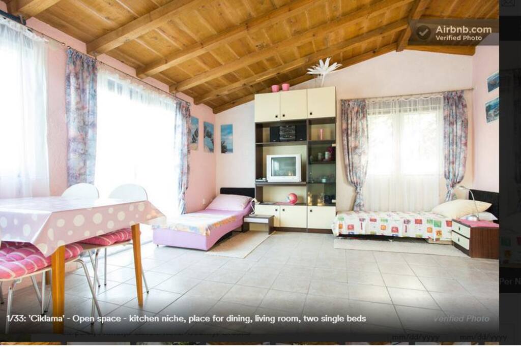 Open space - kitchen niche, place for dining, living room, double bed + single bed