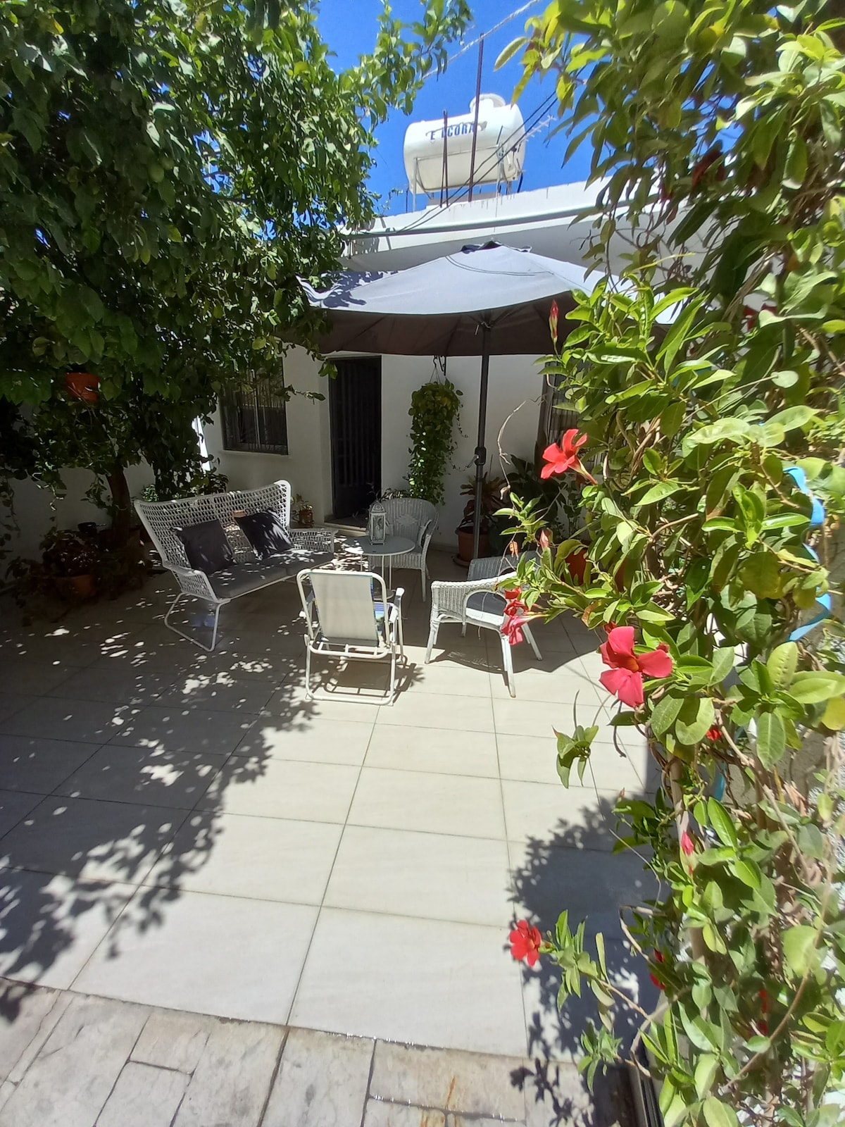 A private patio is framed by greenery and blooming flowers, featuring a shaded seating area with a large umbrella. Two lounge chairs and a set of woven chairs surround a small table, providing a comfortable space for relaxation in a tranquil outdoor setting.